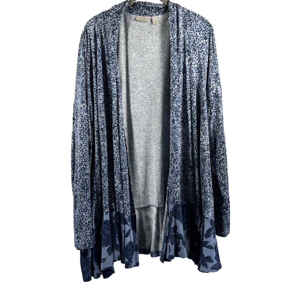 LOGO Lori Goldstein‎ Cardigan Open Size XL Blue Roses Hem Long Sleeve Pockets